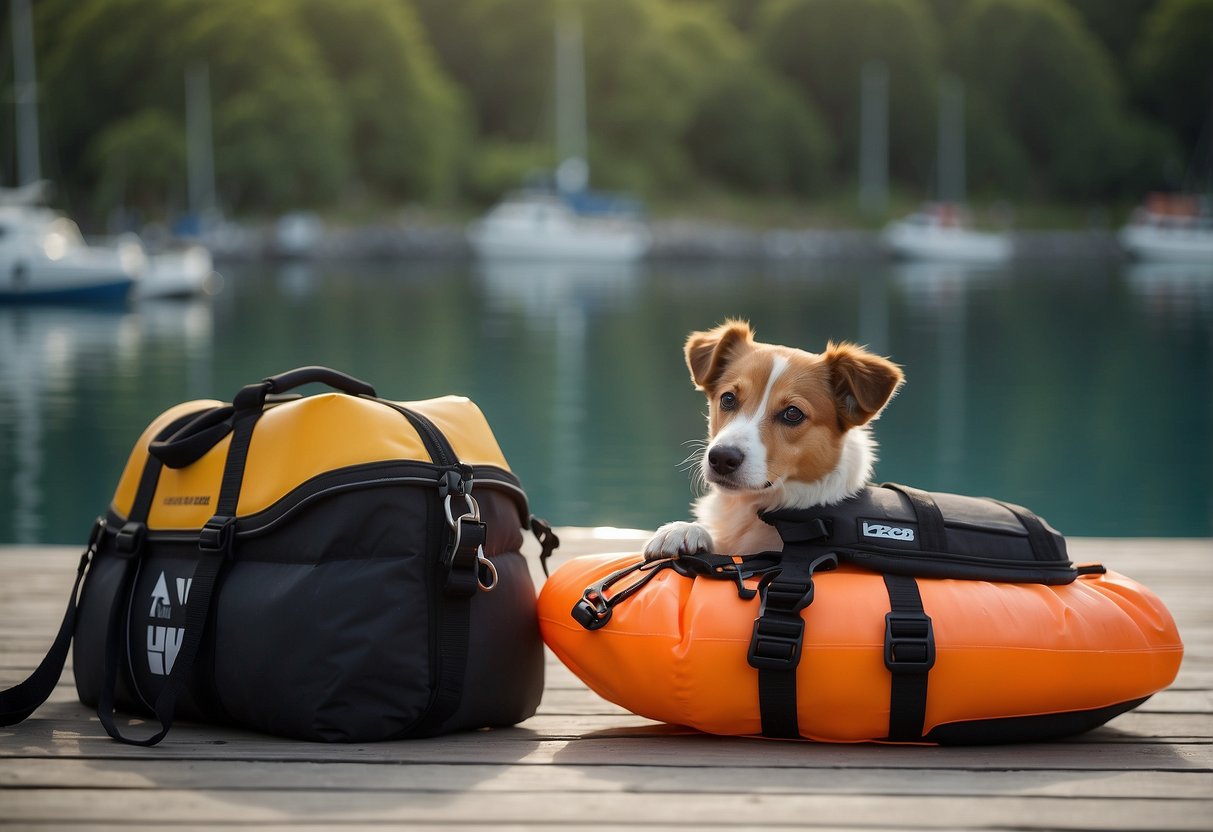 A dog sniffs a life jacket on the floor, a leash hangs from a diving bag, and a pet carrier sits open nearby