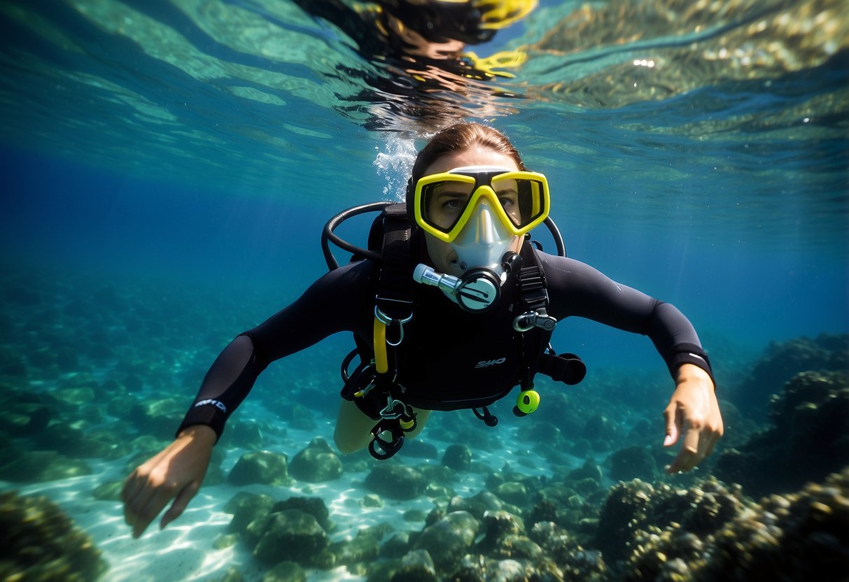 Crystal-clear ocean water with vibrant marine life, a diving pet alongside a diver, following safety guidelines