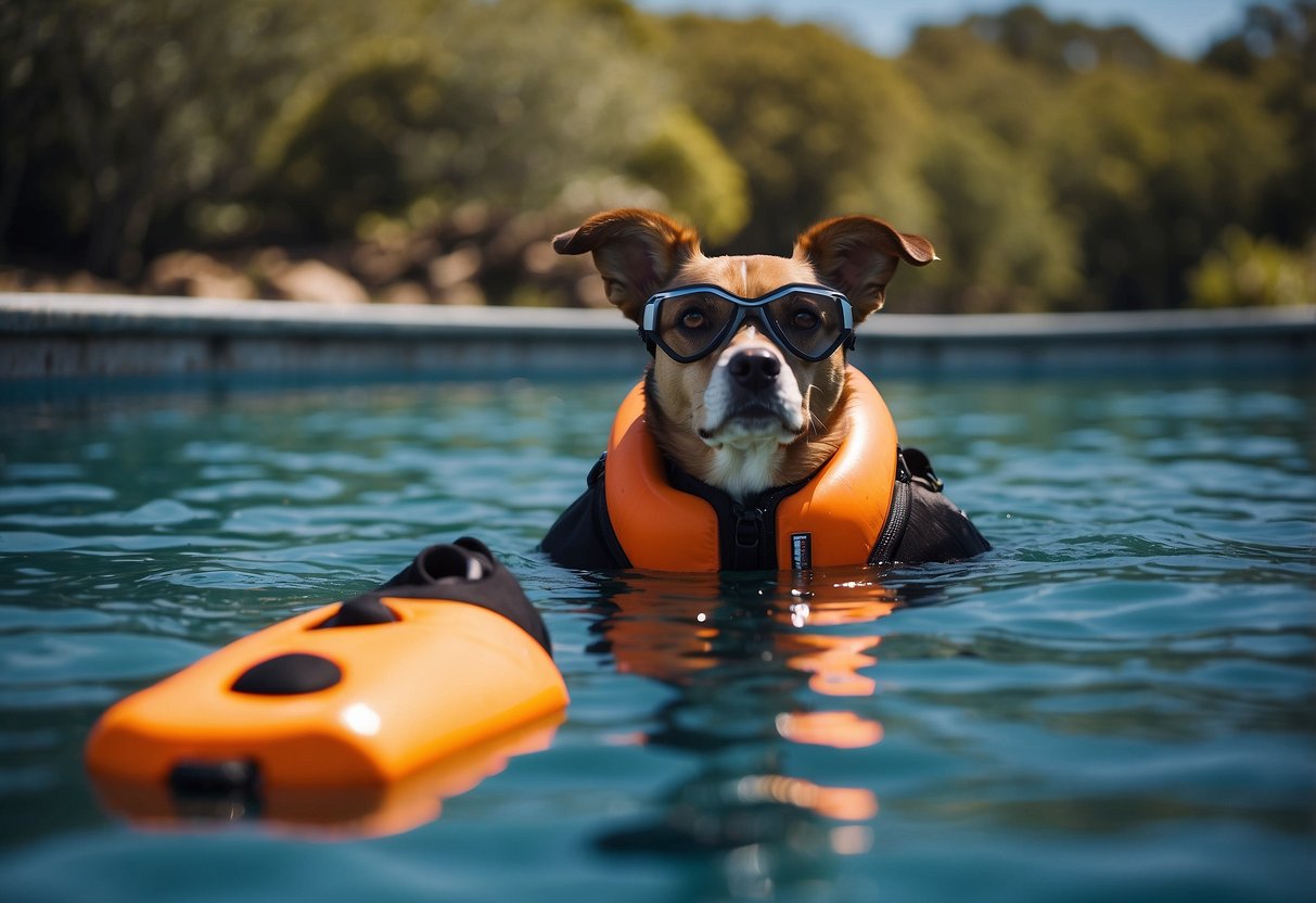 A dog wearing a life jacket and a snorkel, swimming alongside its owner who is also wearing appropriate diving gear. The scene shows the importance of using safety gear when diving with pets