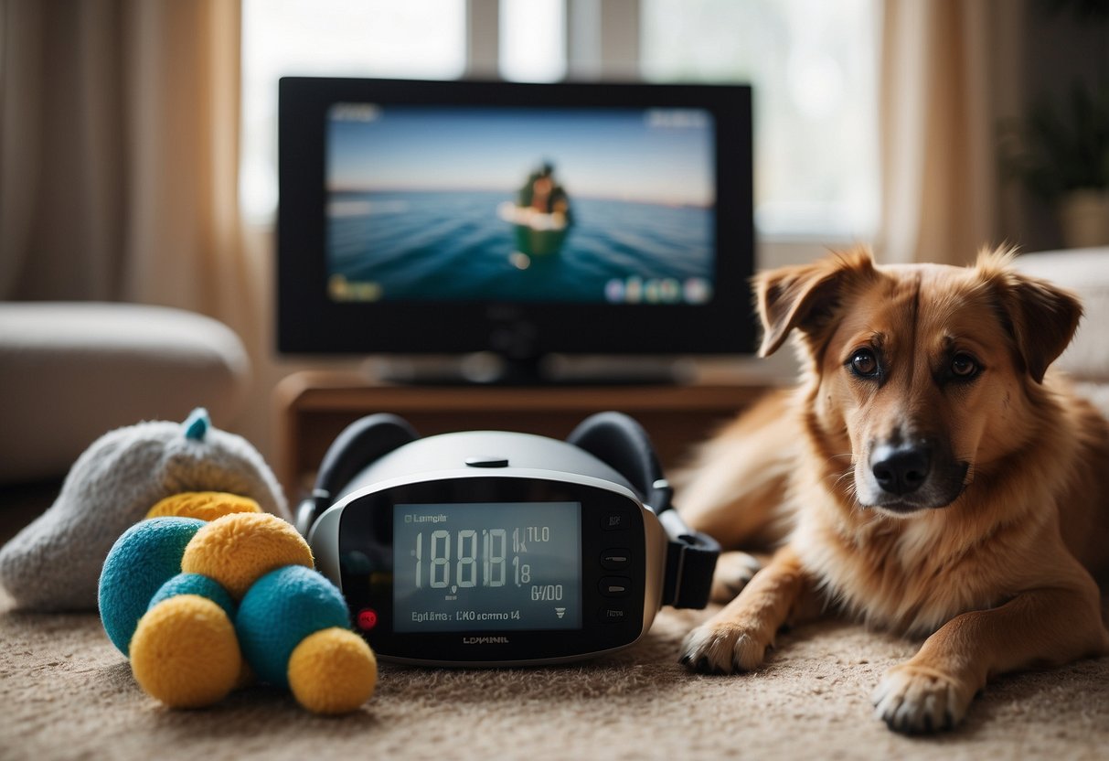 A dog and cat sit side by side in a cozy living room, surrounded by toys and comfortable bedding. A digital monitor displays stress levels, while a scuba diving magazine lays open nearby