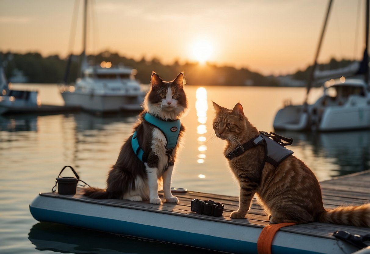 A dog and cat sit next to diving gear on a dock. The dog wears a life jacket, and the cat sits in a pet carrier. The sun is setting, and the water is calm