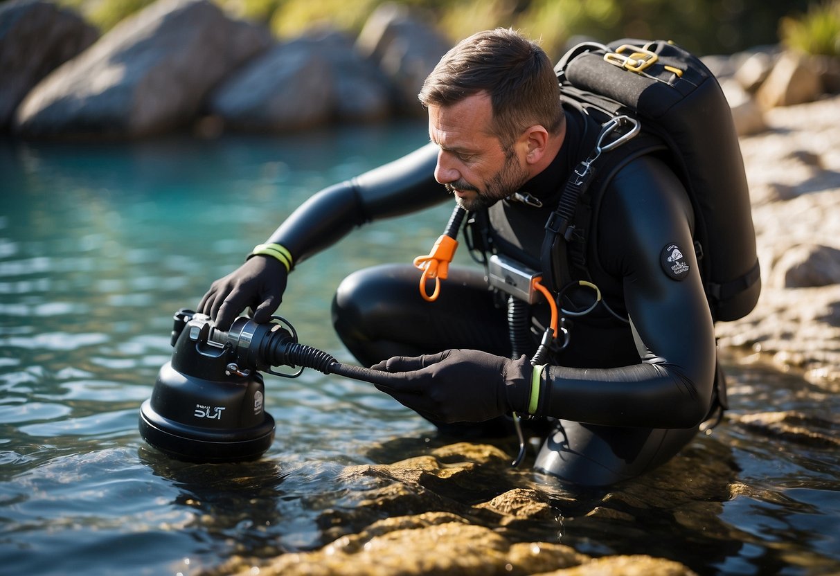 A diver checks pet's equipment, secures leash, avoids entanglement, maintains visibility, monitors air supply, plans for emergencies, and communicates effectively