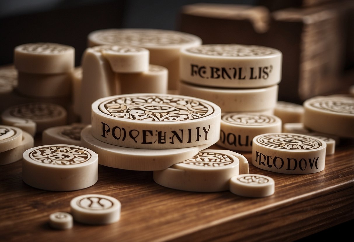 A stack of bone inlay furniture pieces with a "Frequently Asked Questions" sign next to them