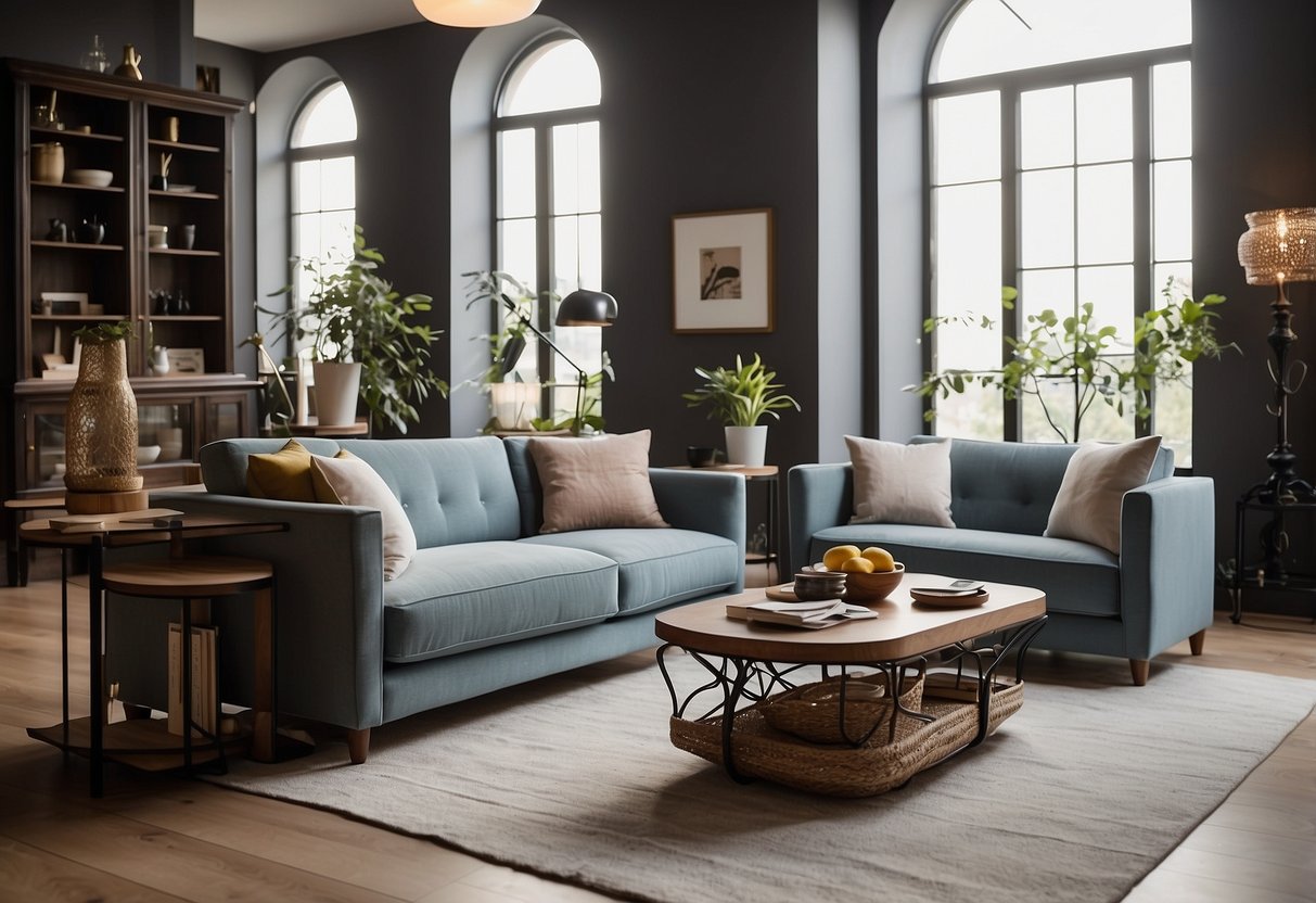 A room with a variety of furniture pieces, including a sofa, table, chairs, and lamps, all on loan for a one-month period