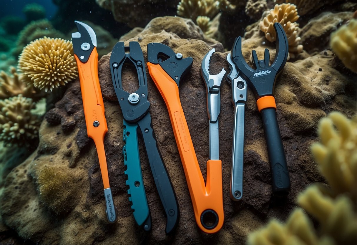 Five top-rated multi-tools for divers laid out on a coral reef backdrop, with underwater plants and marine life surrounding them