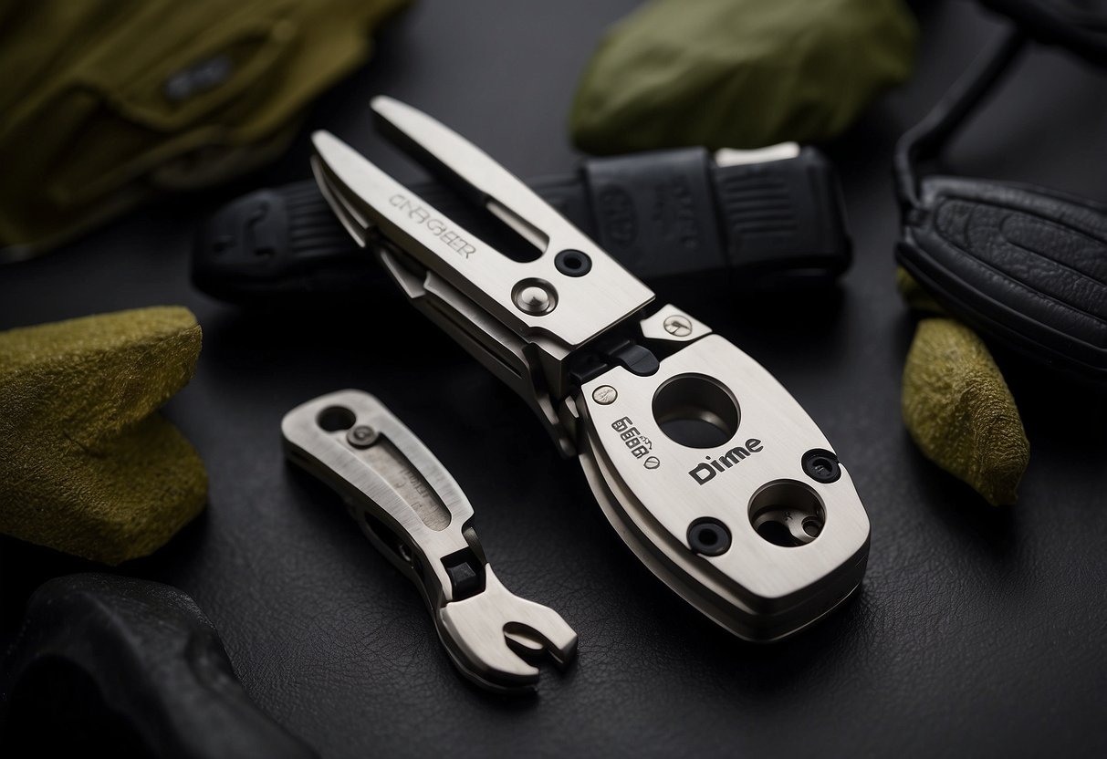 A close-up of the Gerber Dime Multi-Tool against a backdrop of diving equipment and accessories, showcasing its compact size and various tools