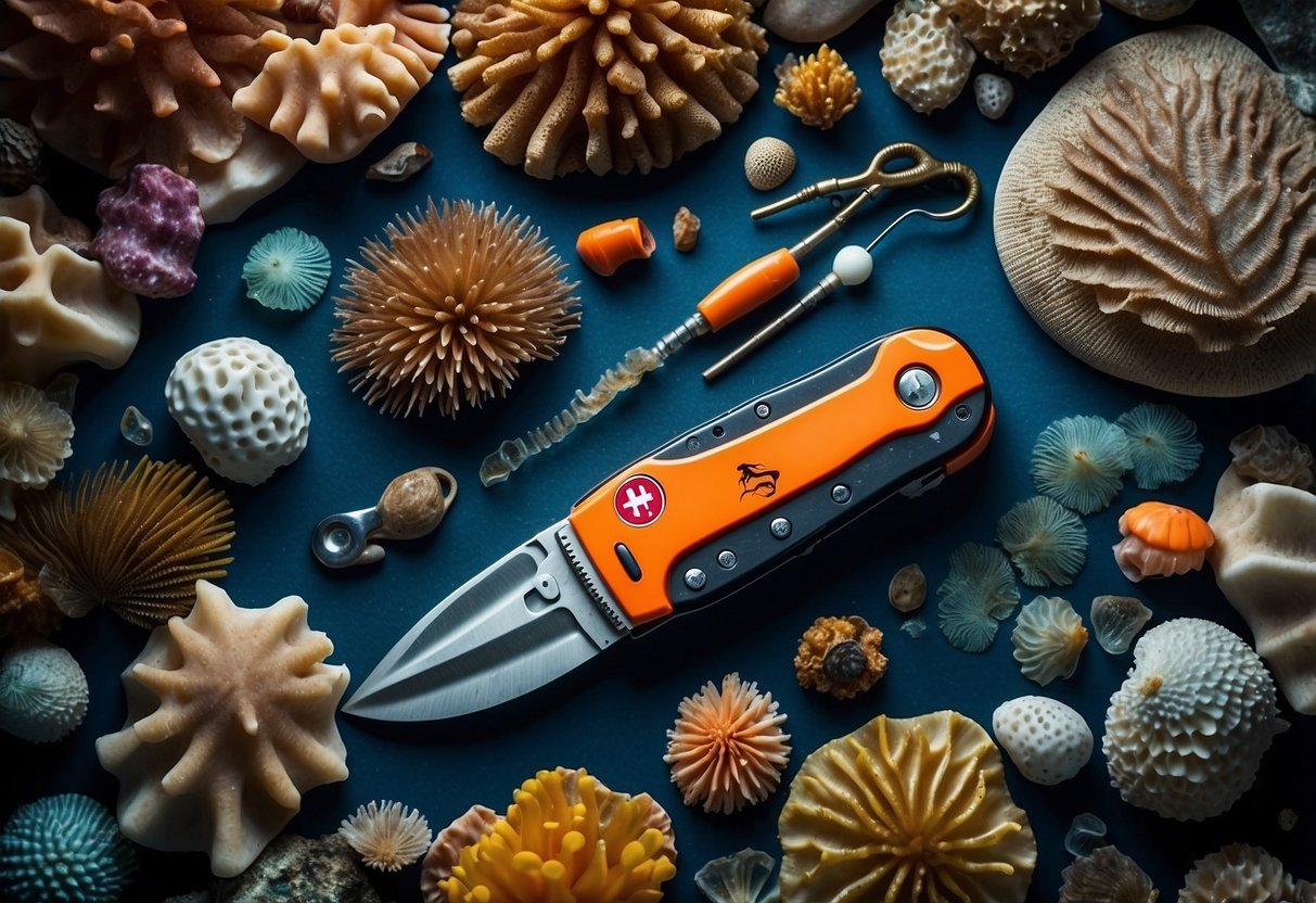 A Swiss Army knife lies on a rocky ocean floor, surrounded by colorful coral and various marine creatures. A diver's flashlight illuminates the scene, highlighting the knife's versatility for underwater rescue