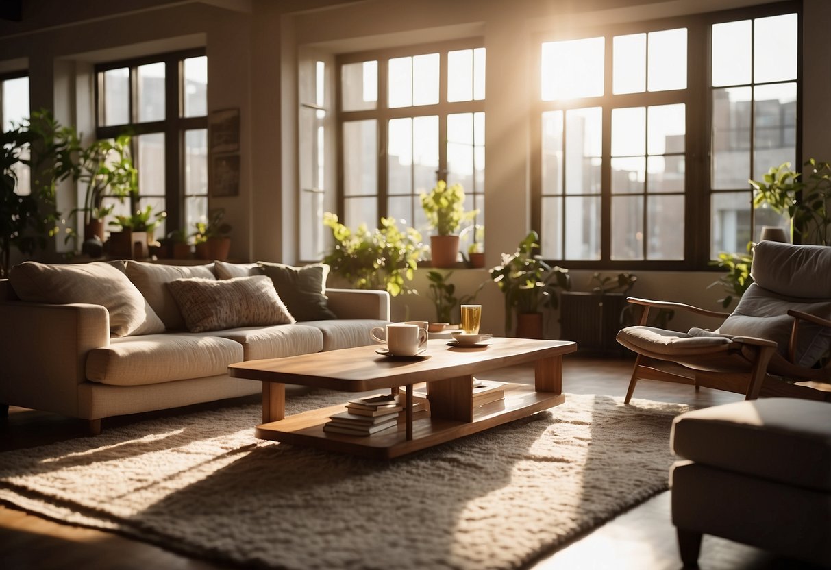 A cozy living room with a plush sofa, coffee table, and soft rug. Sunlight streams in through the window, casting a warm glow on the space