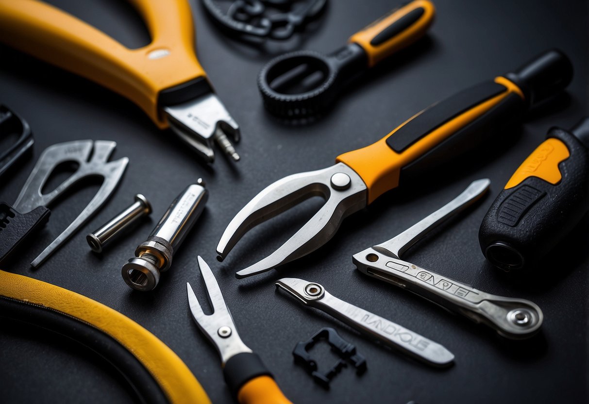 A diver's hand holding a Dive Rite Line Cutter tool, surrounded by other essential diving multi-tools