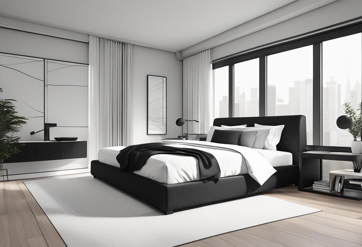 A sleek black and white bedroom with minimalist furniture and clean lines. The bed is adorned with crisp white linens, and the room is accented with black and white decor