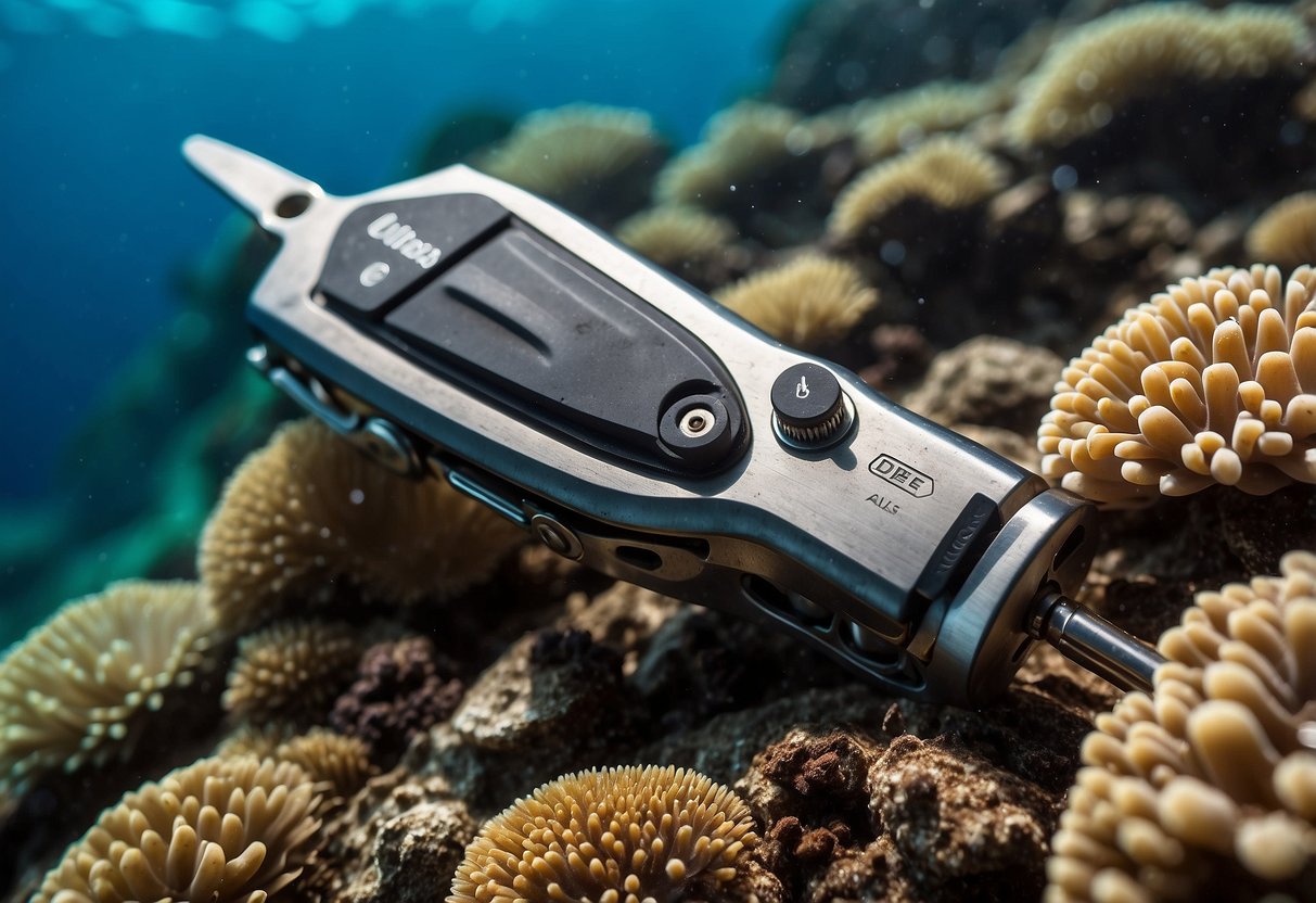 A diver's multi-tool lies open on a coral reef, showcasing its various features like a knife, screwdriver, and bottle opener