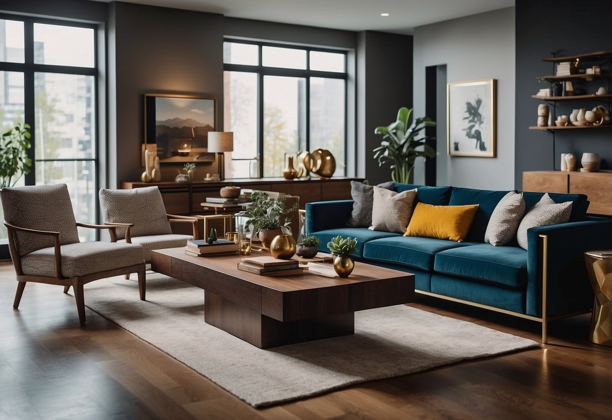 A room with a variety of furniture pieces, including sofas, tables, and chairs, all arranged in a modern and stylish manner