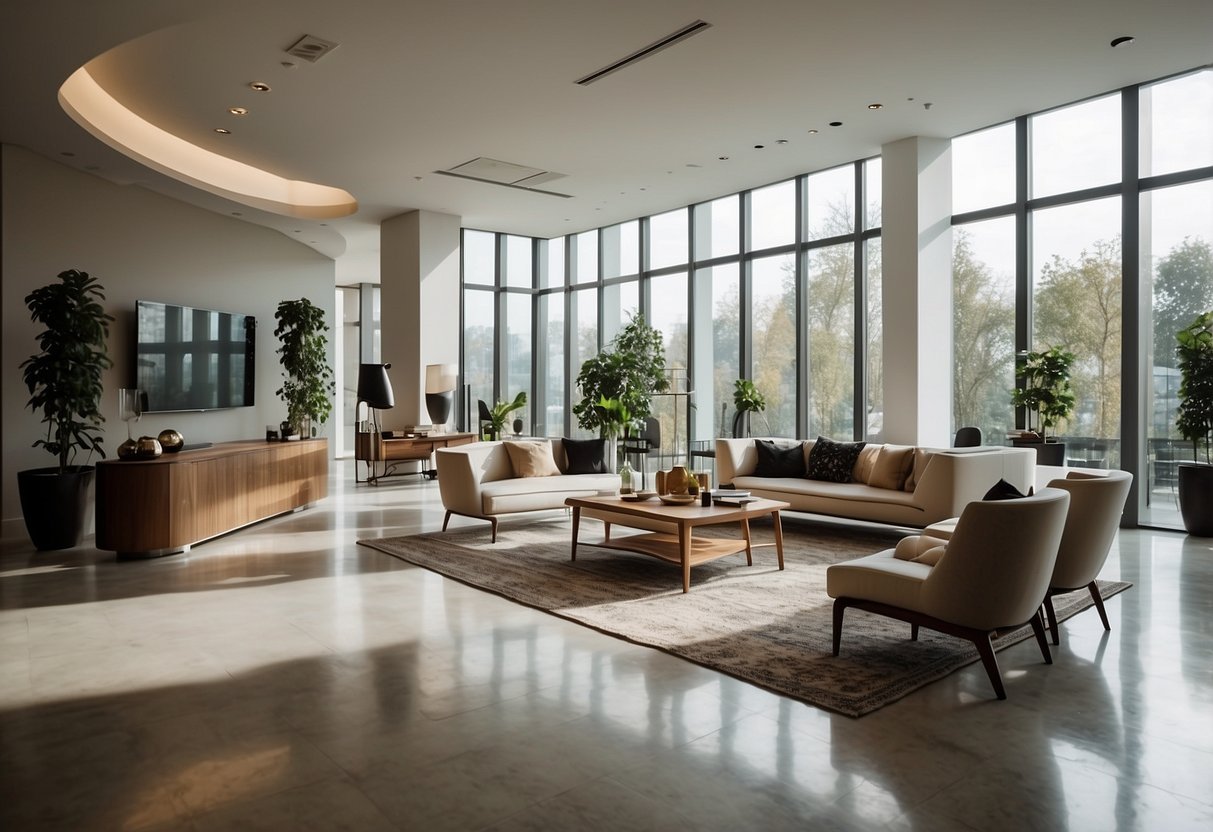 A spacious showroom with modern and classic furniture displayed in various room settings, illuminated by natural light from large windows