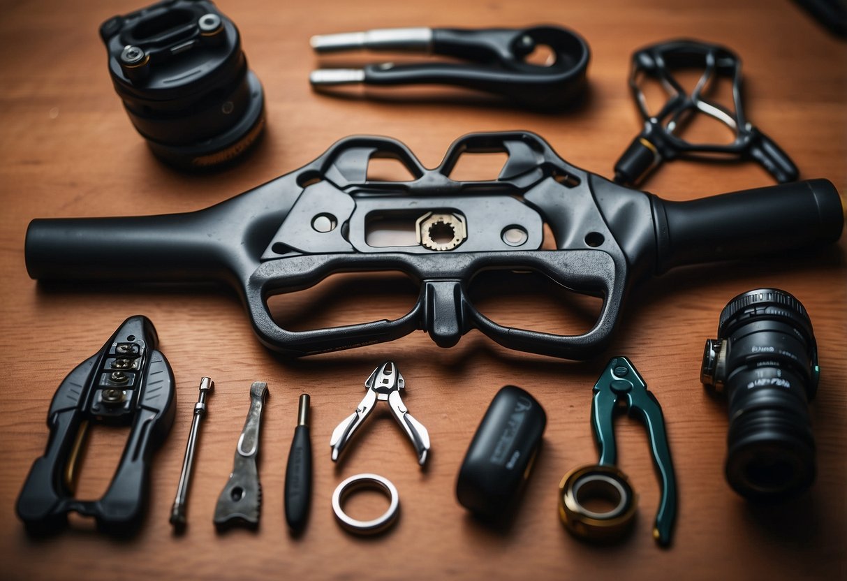 A table with 5 different multi-tools for divers, surrounded by diving equipment and accessories. Each tool is neatly arranged with its maintenance and care tips displayed next to it