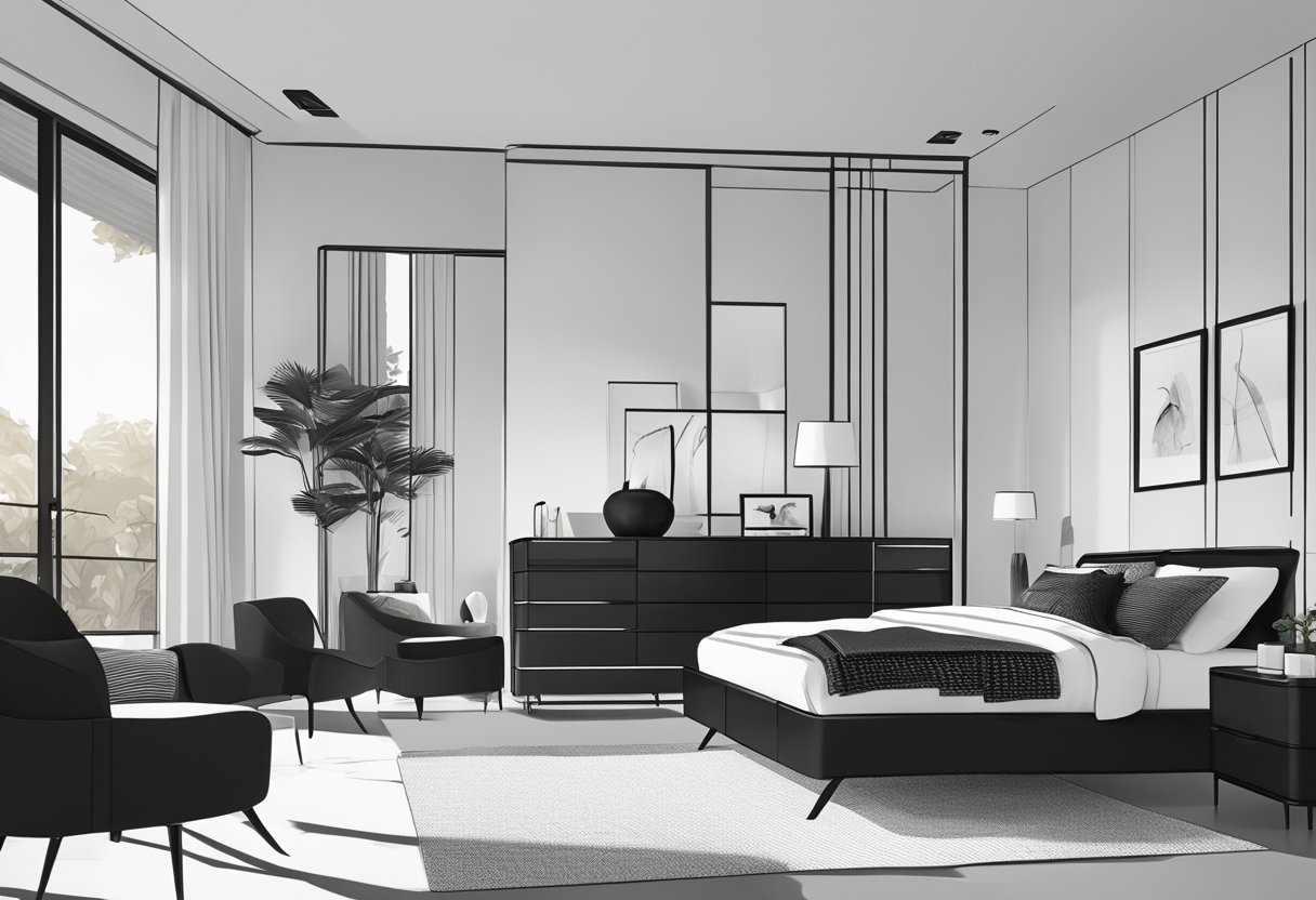 A monochrome bedroom with sleek black and white furniture, including a bed, dresser, and nightstands. Clean lines and minimalist decor create a modern and sophisticated space