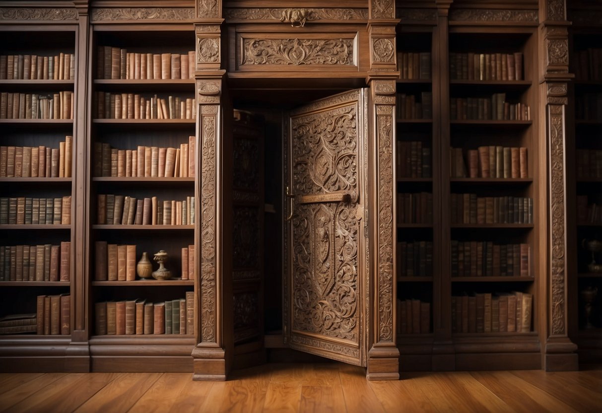 A bookshelf swings open to reveal a hidden door, adorned with intricate carvings and ornate handles