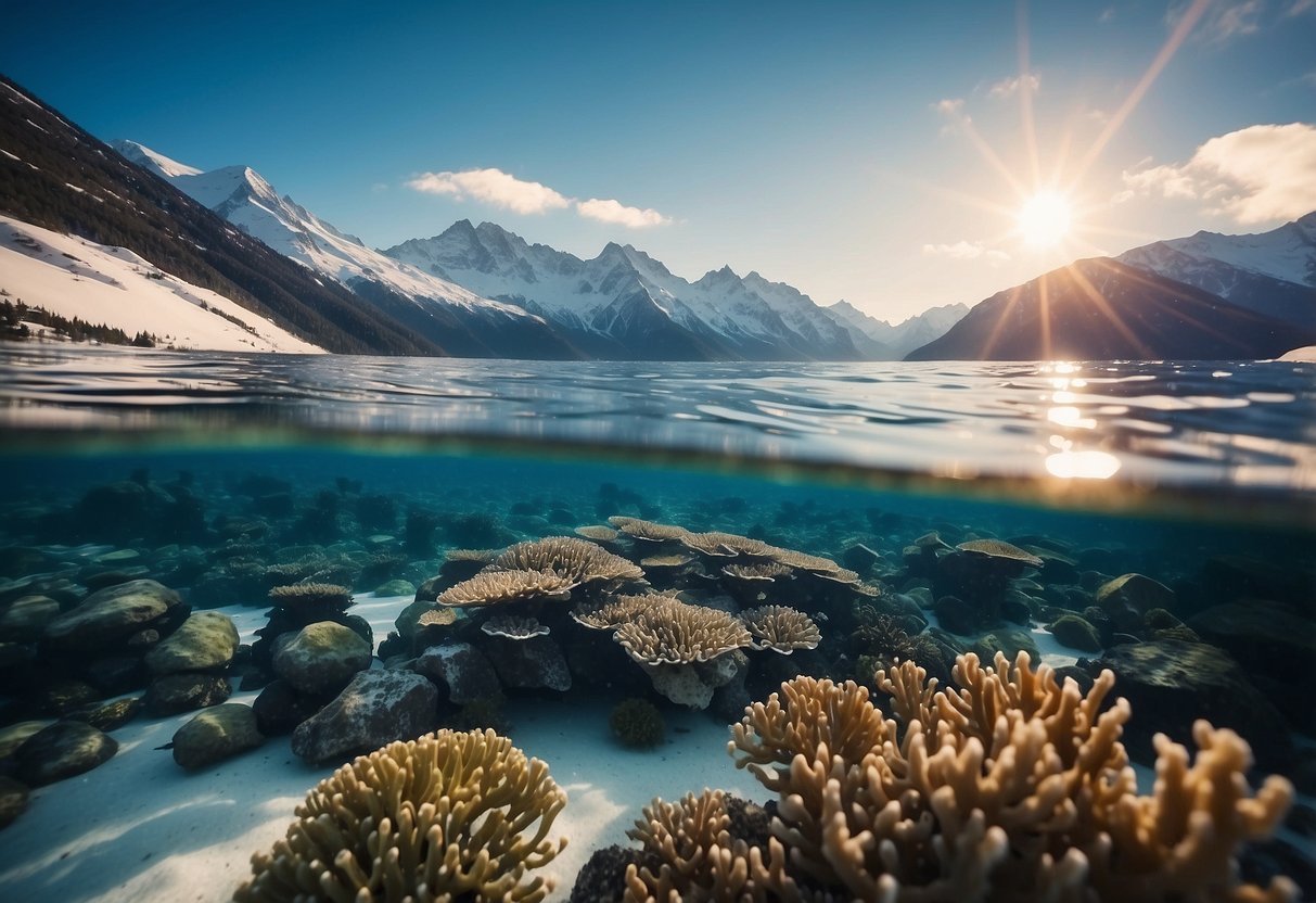 Crystal-clear water, colorful coral reefs, and diverse marine life in a winter wonderland. Snow-capped mountains in the background