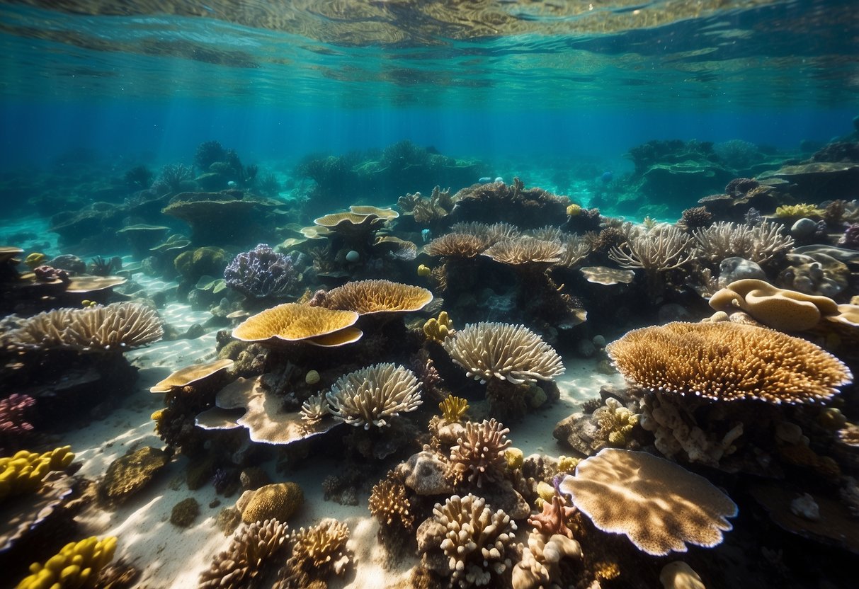 Sunlight filters through crystal-clear waters, illuminating vibrant coral formations and a kaleidoscope of marine life at the Great Barrier Reef, Australia