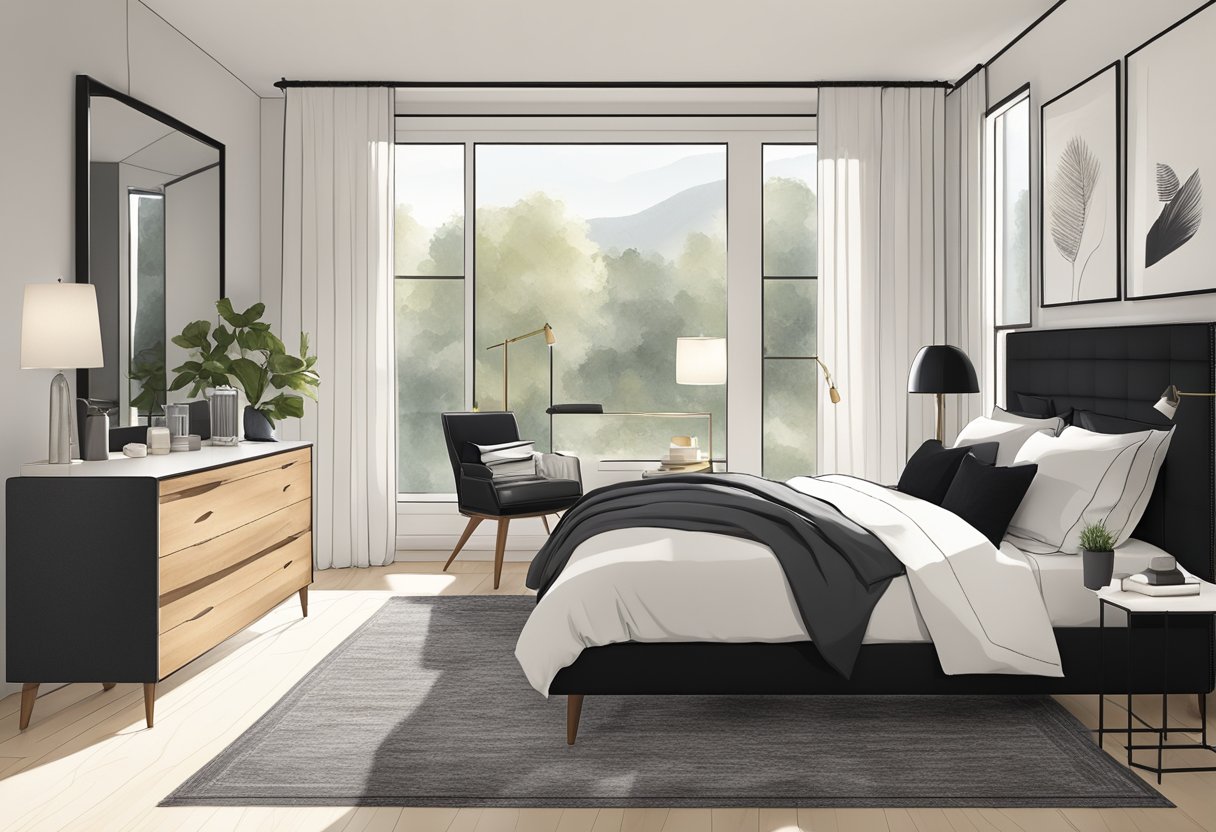 A cozy bedroom with sleek black and white furniture, including a bed, nightstand, and dresser. The room is well-lit with natural light coming in through the window, creating a serene and modern atmosphere