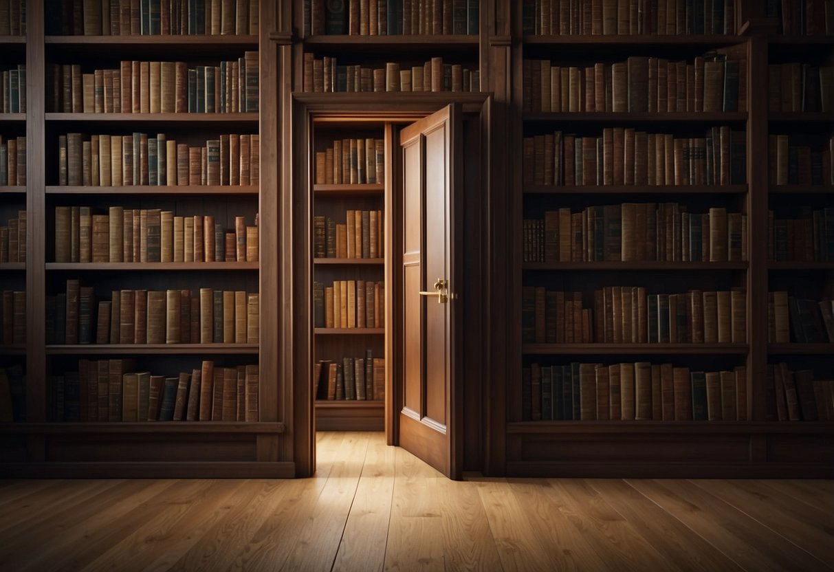 A bookshelf swings open to reveal a hidden door, seamlessly blending into the surrounding wall