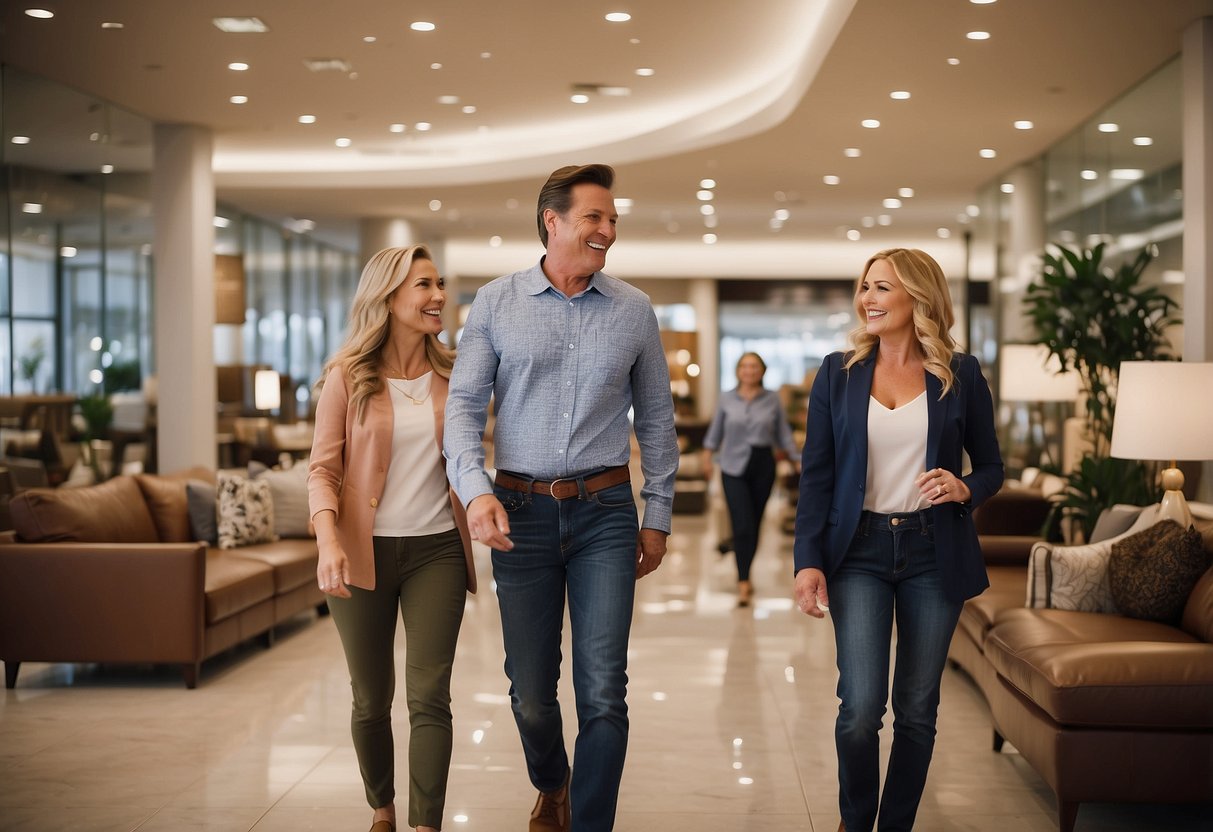 A family enters Bob Mills Furniture store, greeted by smiling staff. Brightly lit showroom displays stylish, comfortable furniture. Customers browse, test seating, and discuss options with knowledgeable sales associates