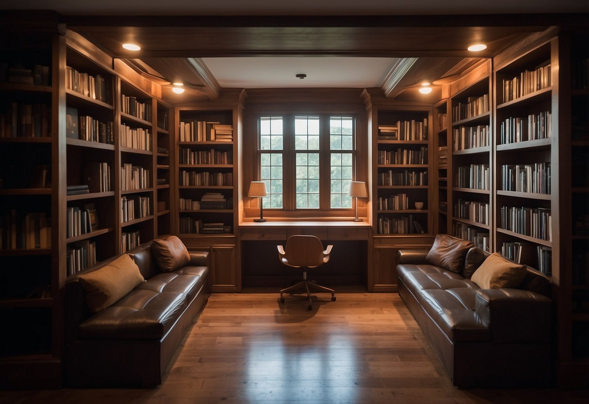 A bookshelf swings open to reveal a secret study, complete with a hidden desk, chair, and storage compartments