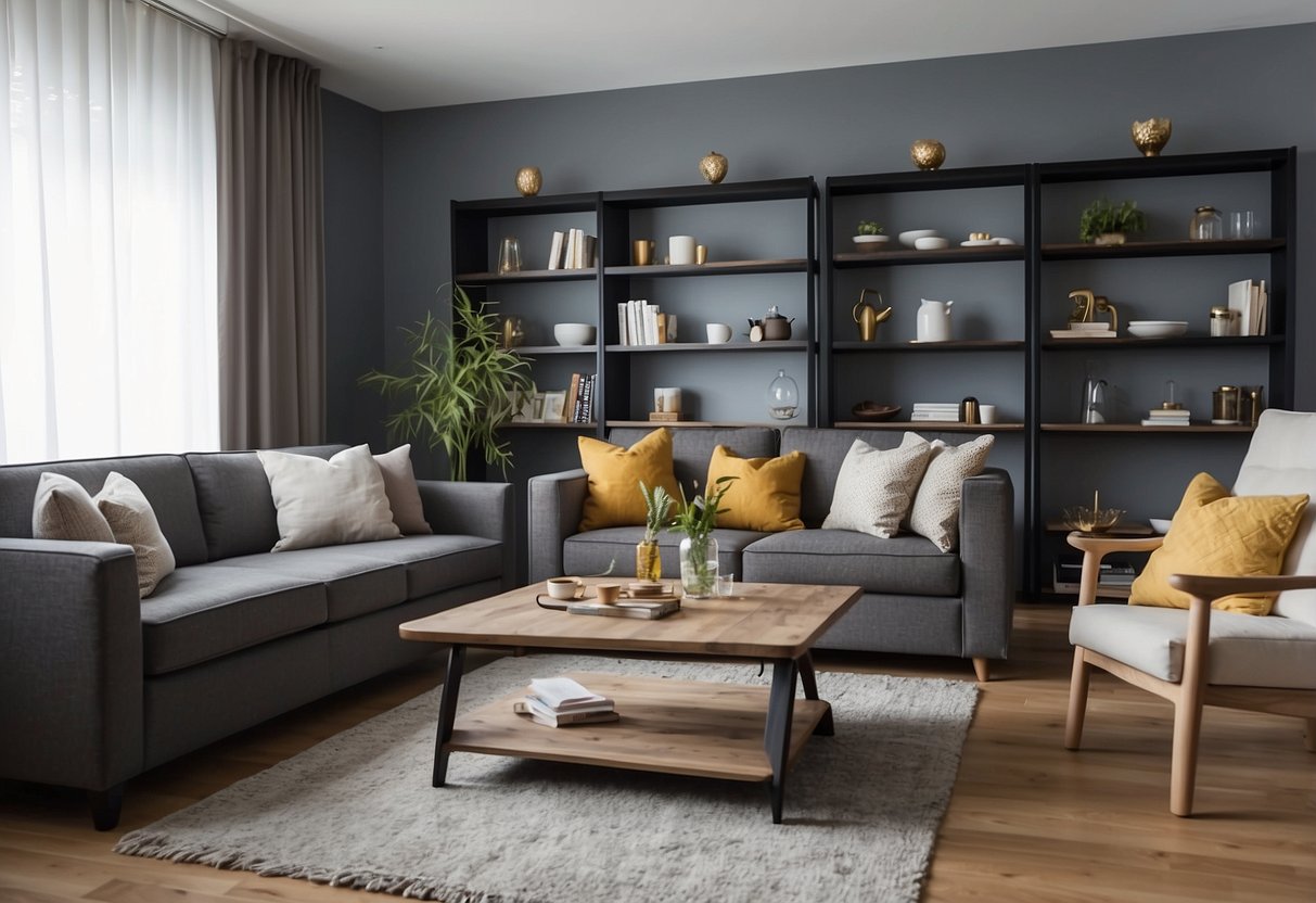 A living room with a sofa, coffee table, and bookshelf. A dining area with a table and chairs. A bedroom with a bed, nightstand, and dresser
