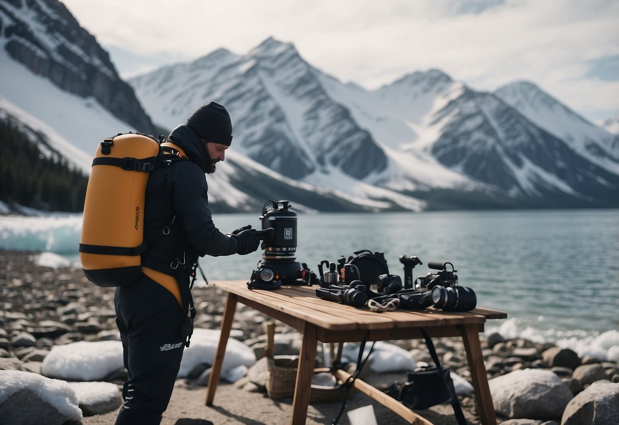 A diver stands on a snow-covered beach, choosing gear from a table. In the background, icy waters and snow-capped mountains create a picturesque winter scene for scuba diving