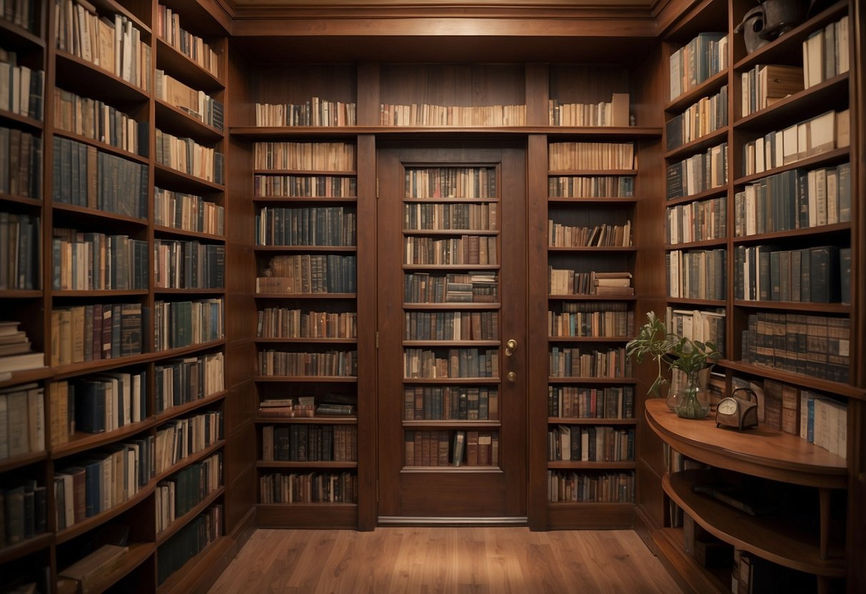 A hidden door swings open to reveal a collection of Frequently Asked Questions about hidden door furniture. The shelves are neatly organized with various pamphlets and informational materials