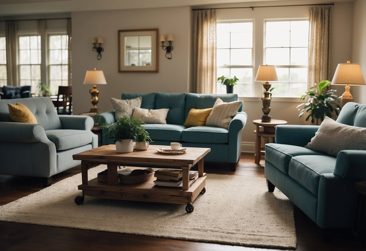 A living room with a sofa, coffee table, and bookshelf. A dining area with a table and chairs. A bedroom with a bed, dresser, and nightstand