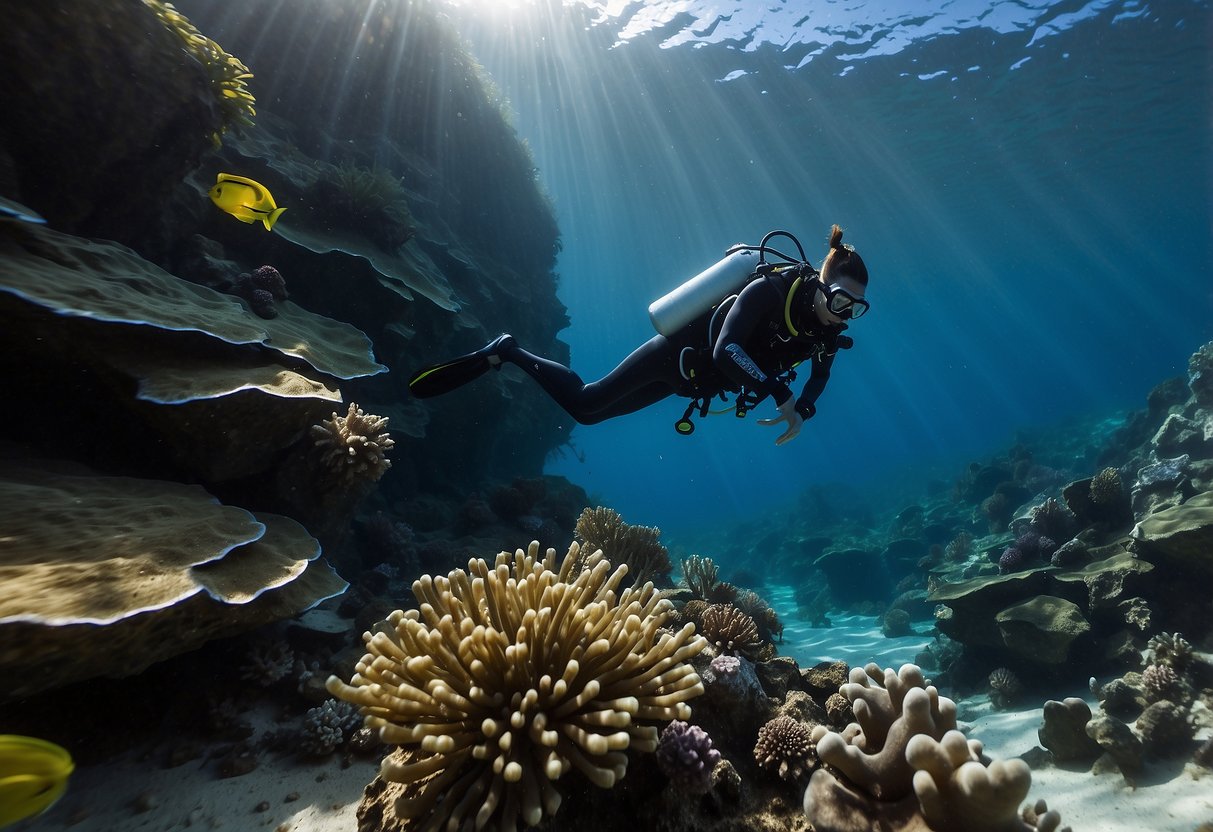 Crystal clear water surrounds a diver descending into the depths. Ears are protected as they equalize pressure, following the 7 tips for pain-free diving