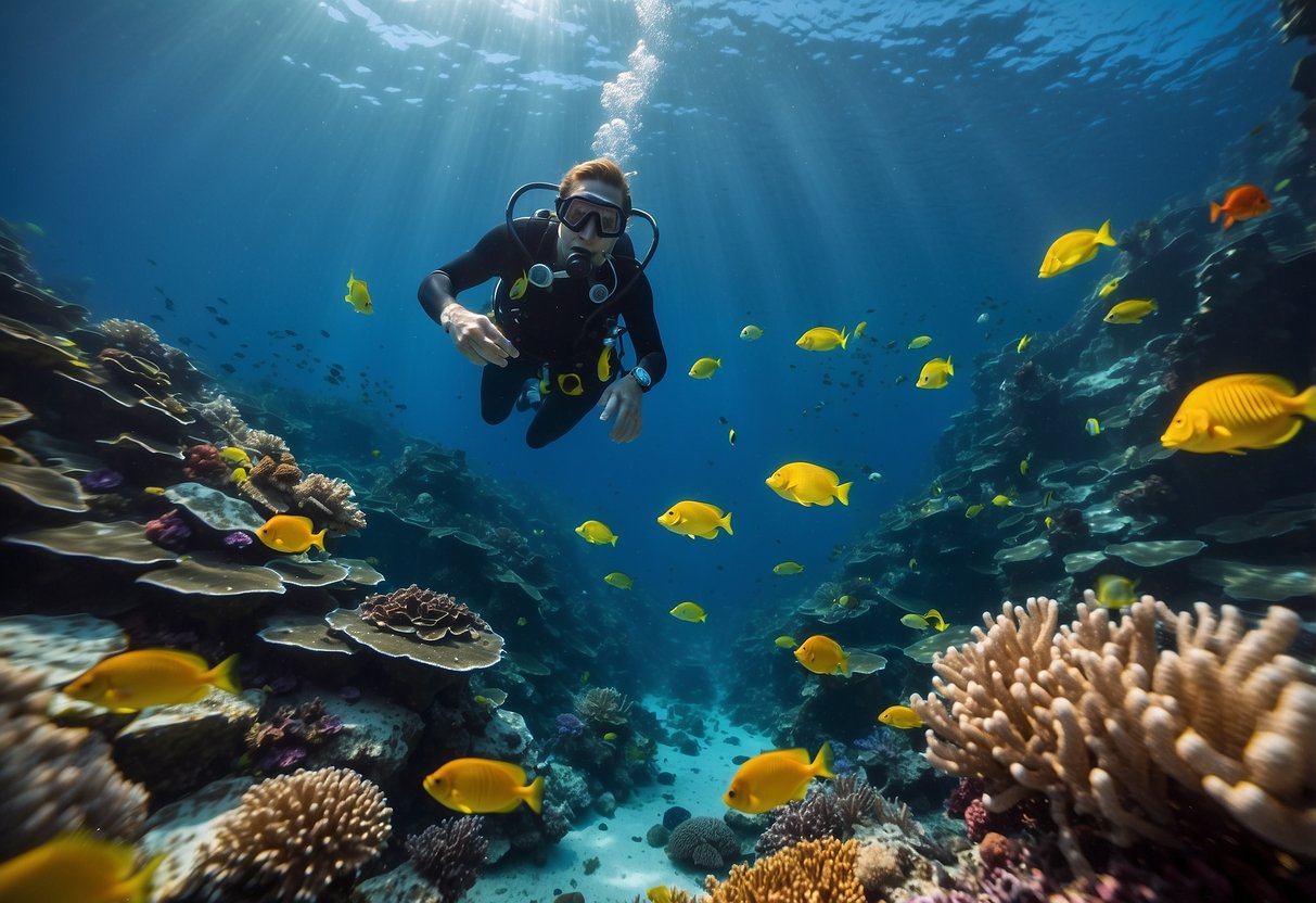 A diver slowly descends into the deep blue ocean, surrounded by colorful coral and marine life. The water is calm and clear, with sunlight filtering through the surface