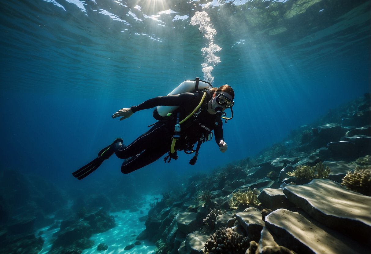 Divers descending into clear blue water, equalizing pressure, following 7 tips to avoid ear pain