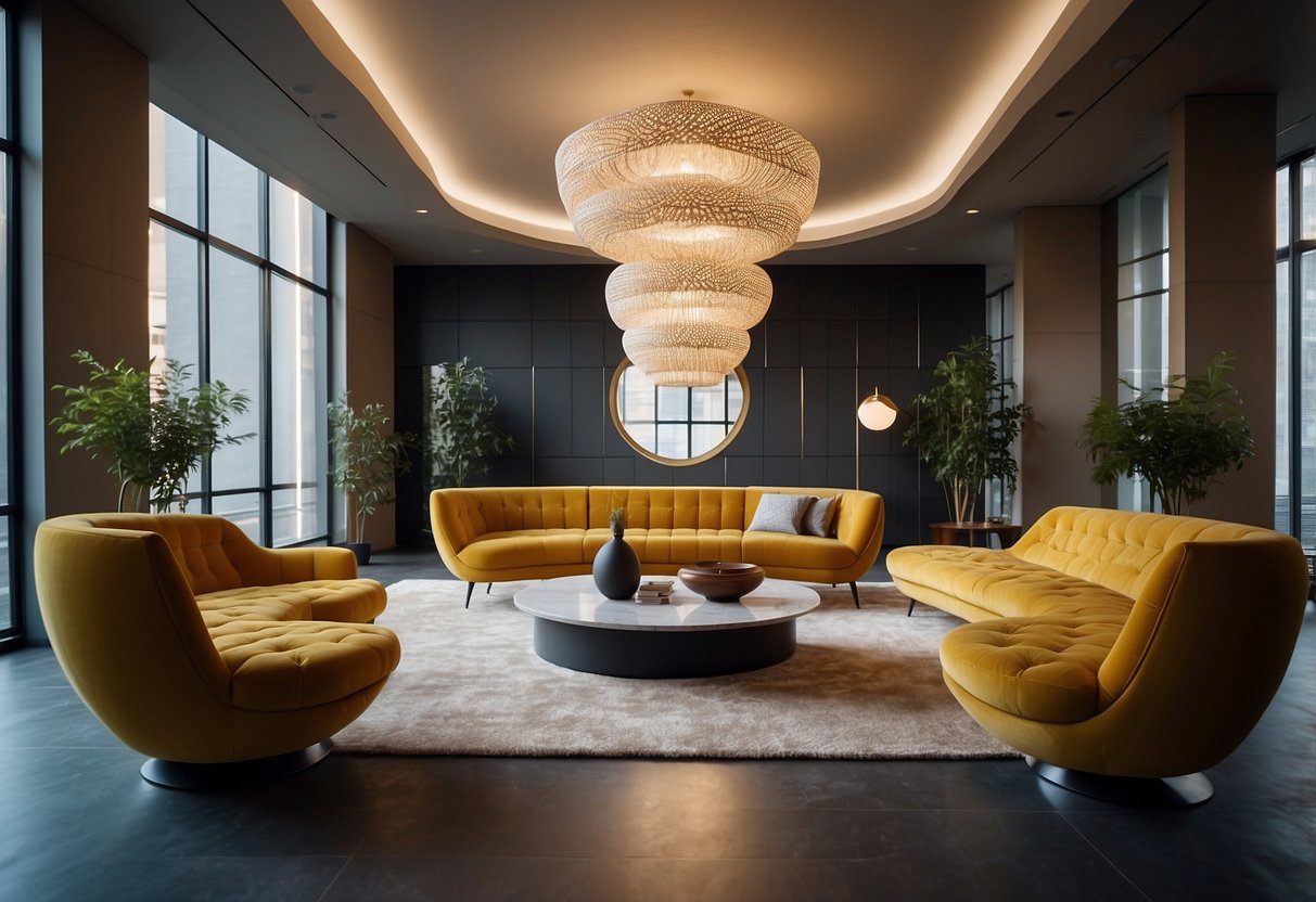 A room filled with sleek, modern furniture arranged in a circular pattern, symbolizing revolution. Clean lines and bold colors create a dynamic and innovative atmosphere