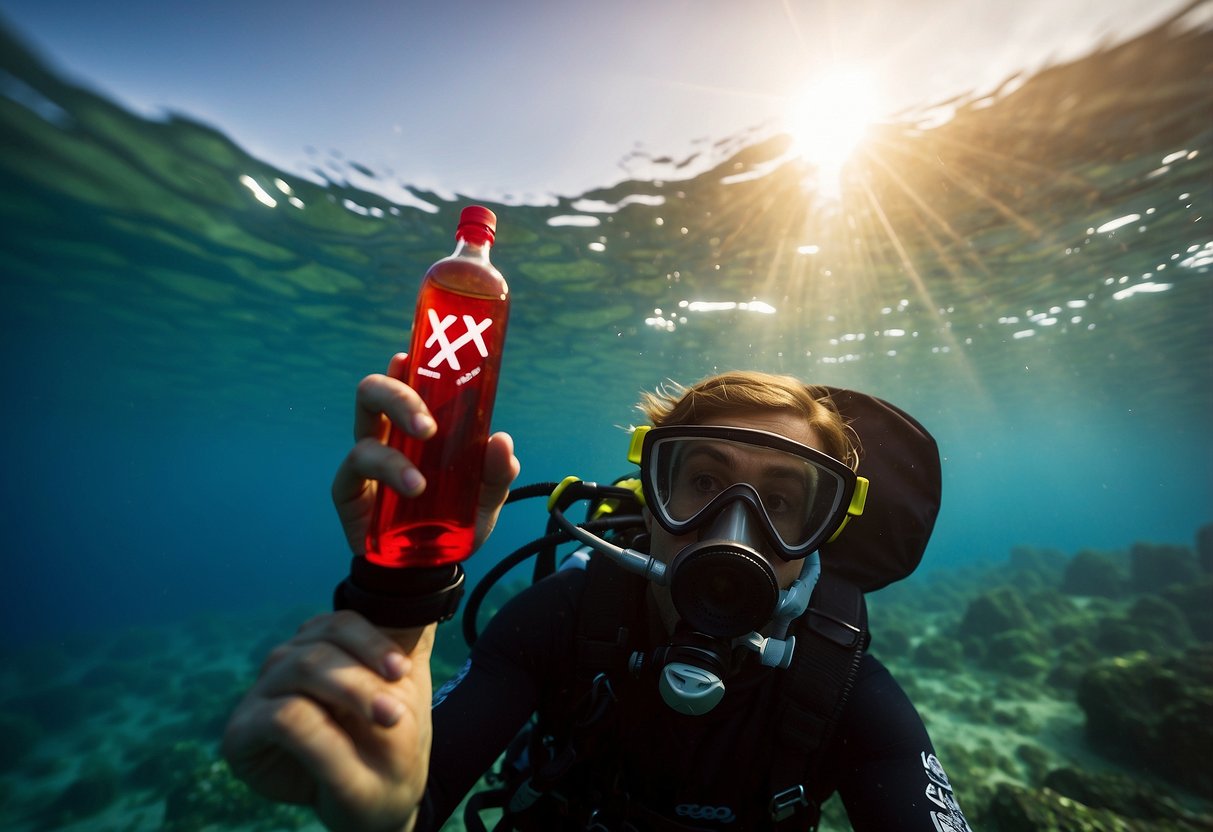 A person with a scuba diving gear and a bottle of alcohol. They are reaching out to grab the bottle, but a red "X" mark is covering it