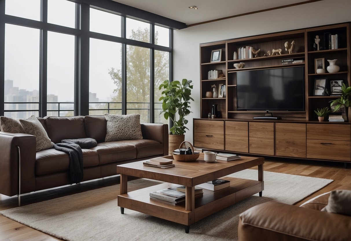 A modern living room with a sleek leather sofa, a glass coffee table, and a wooden entertainment unit