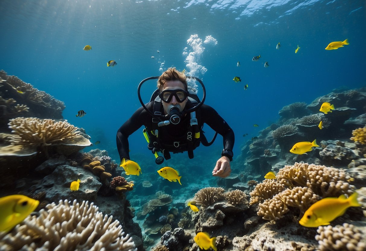 A diver descends into clear blue water, surrounded by colorful fish and coral. The diver practices yawning and swallowing to relieve ear pressure