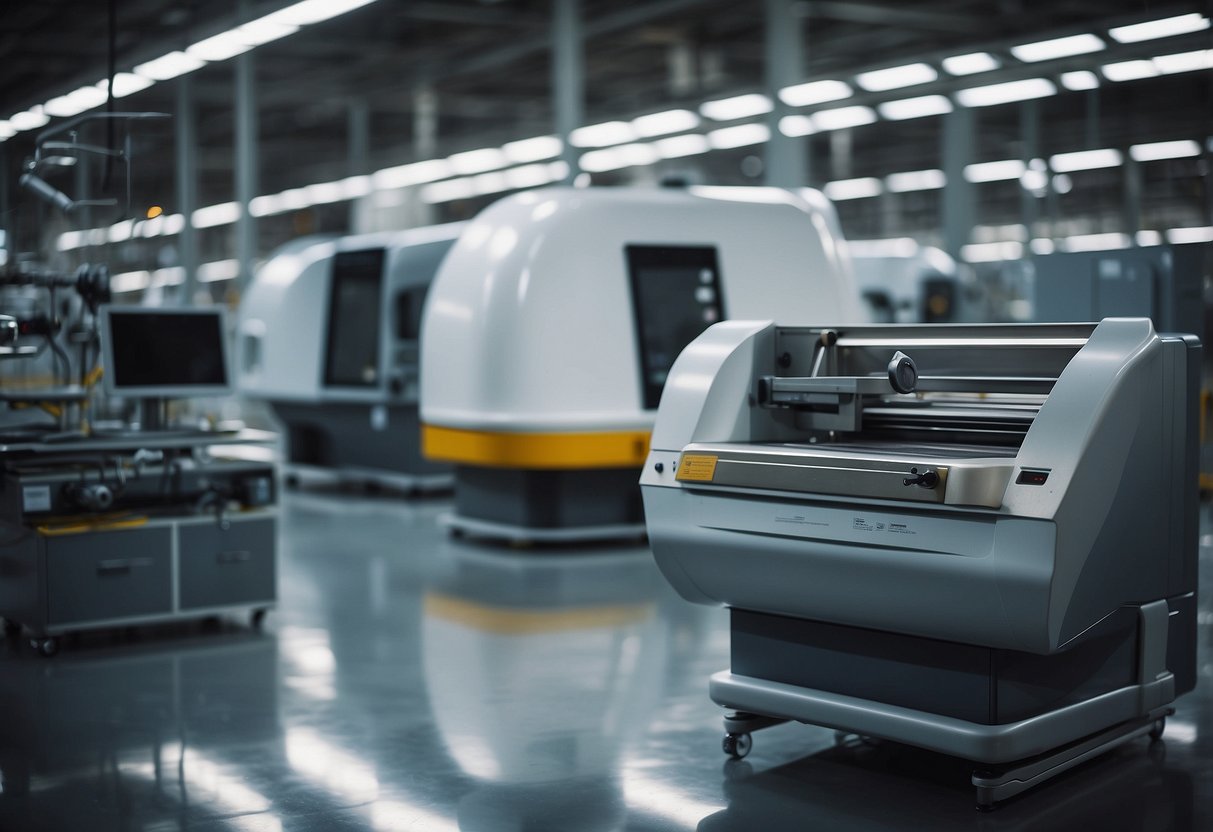 A modern, sleek furniture piece being meticulously crafted in a state-of-the-art manufacturing facility, showcasing the fusion of design and manufacturing excellence