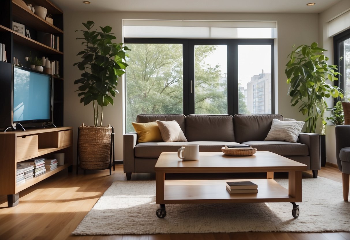 A living room with various furniture types: sofa, coffee table, armchair, bookshelves, and TV stand. Bright natural light and cozy atmosphere