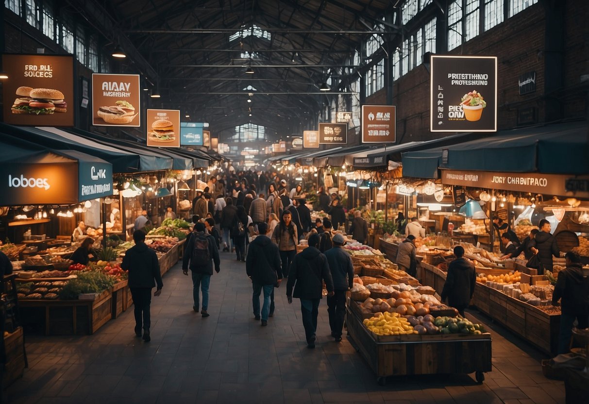 A bustling market with various furniture vendors and customers. Partnerships displayed through logos and signs. Excitement and innovation in the air