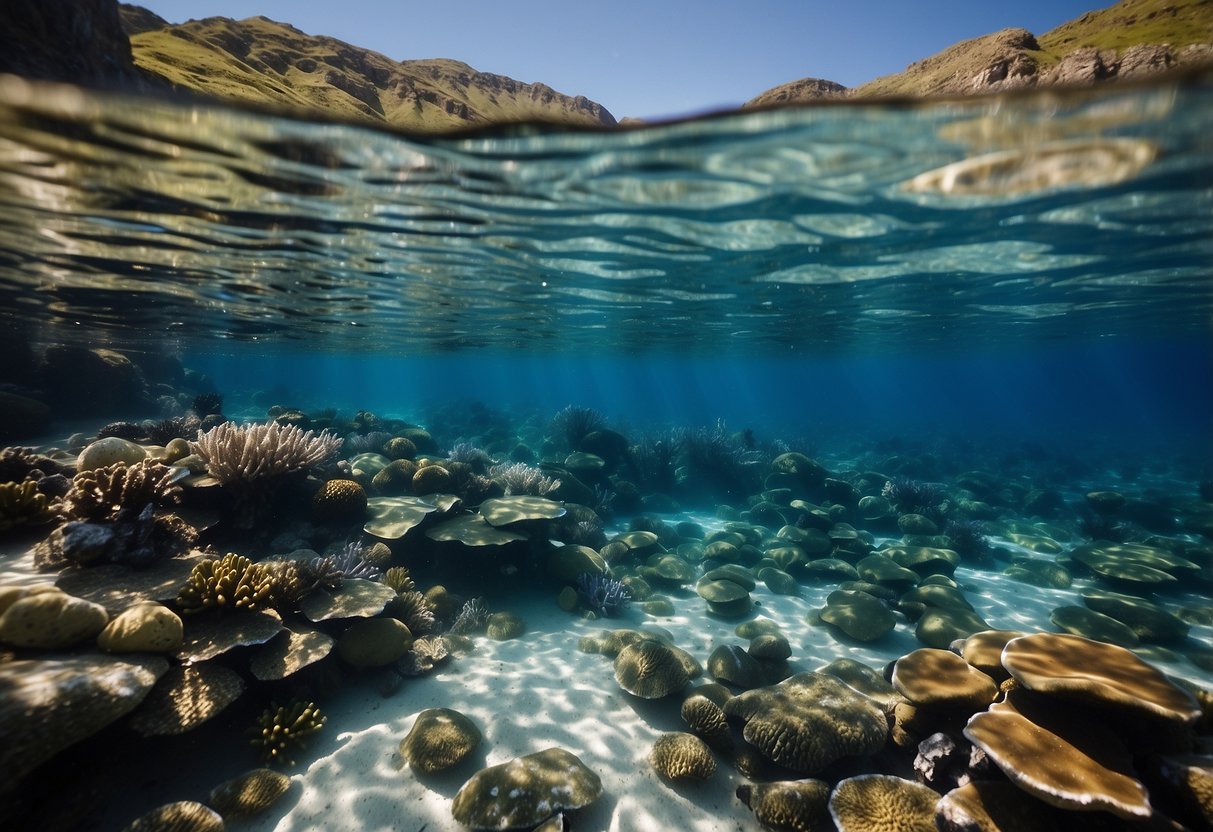 Crystal clear ocean water with vibrant coral reefs, a serene freshwater lake surrounded by lush greenery, a deep underwater cave system, a pristine natural spring bubbling up from the earth, and a stunning glacier-fed river cutting through a rugged landscape