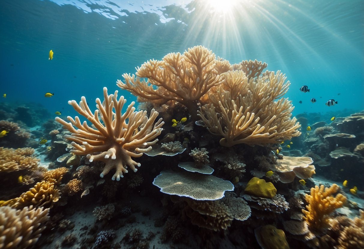 Crystal clear waters teeming with colorful marine life, coral reefs stretching as far as the eye can see, and sunlight dancing on the ocean floor