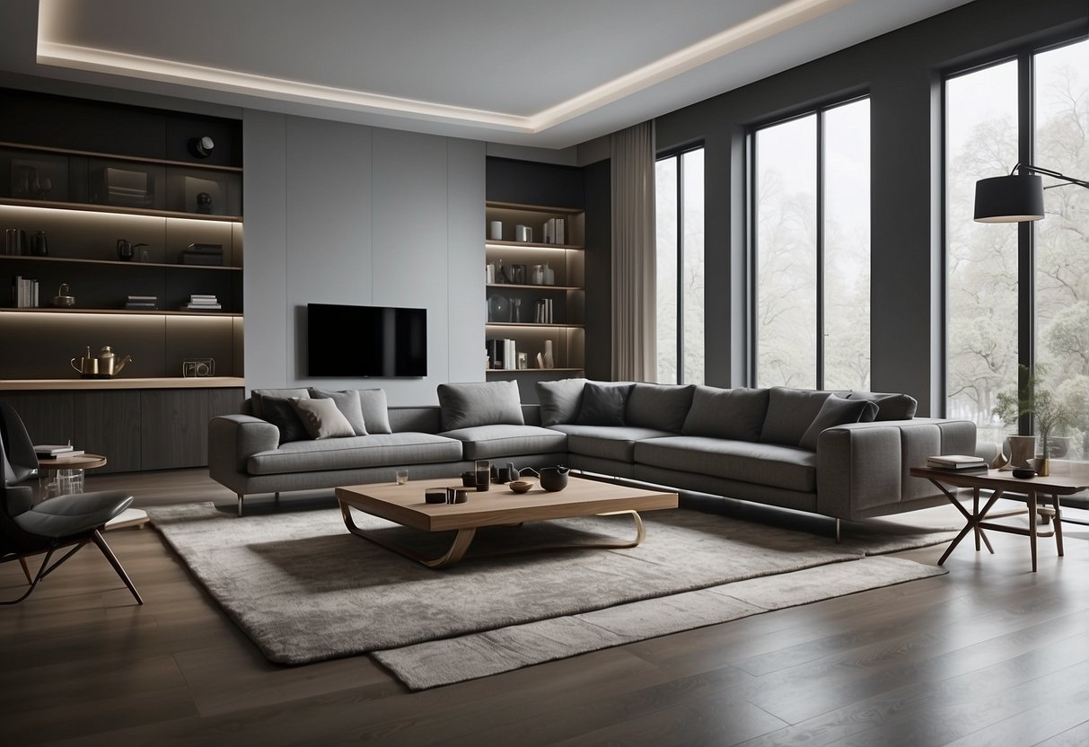 A room filled with modern, sleek furniture arranged in a minimalist and functional style, with clean lines and innovative designs