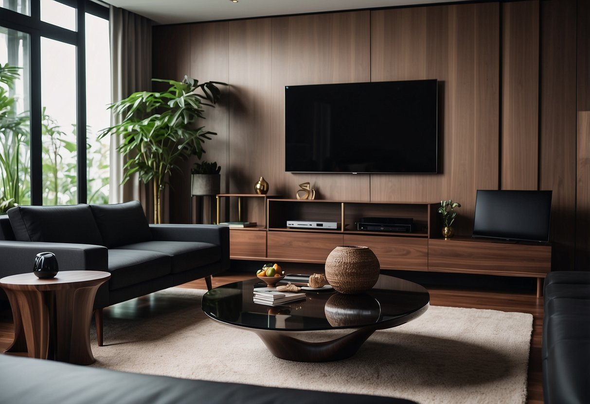A sleek black and walnut furniture set in a modern Singaporean living room
