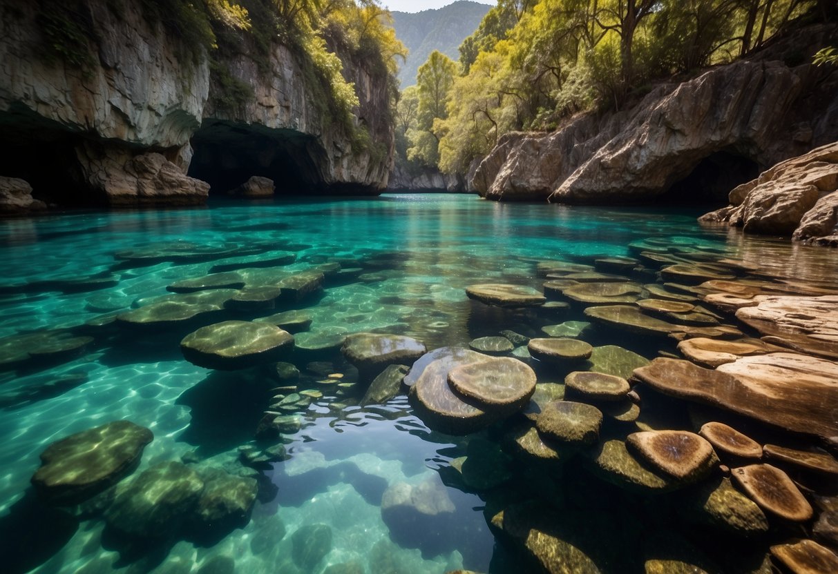 Crystal clear ocean water with vibrant coral reefs, a serene freshwater lake nestled in a lush forest, a pristine underground cave system, a tranquil river with gentle currents, and a picturesque natural hot spring