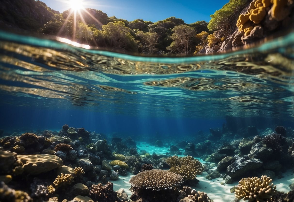 Crystal clear water reflects sunlight, revealing colorful coral reefs and diverse marine life. A serene coastal landscape surrounds the pristine diving spot