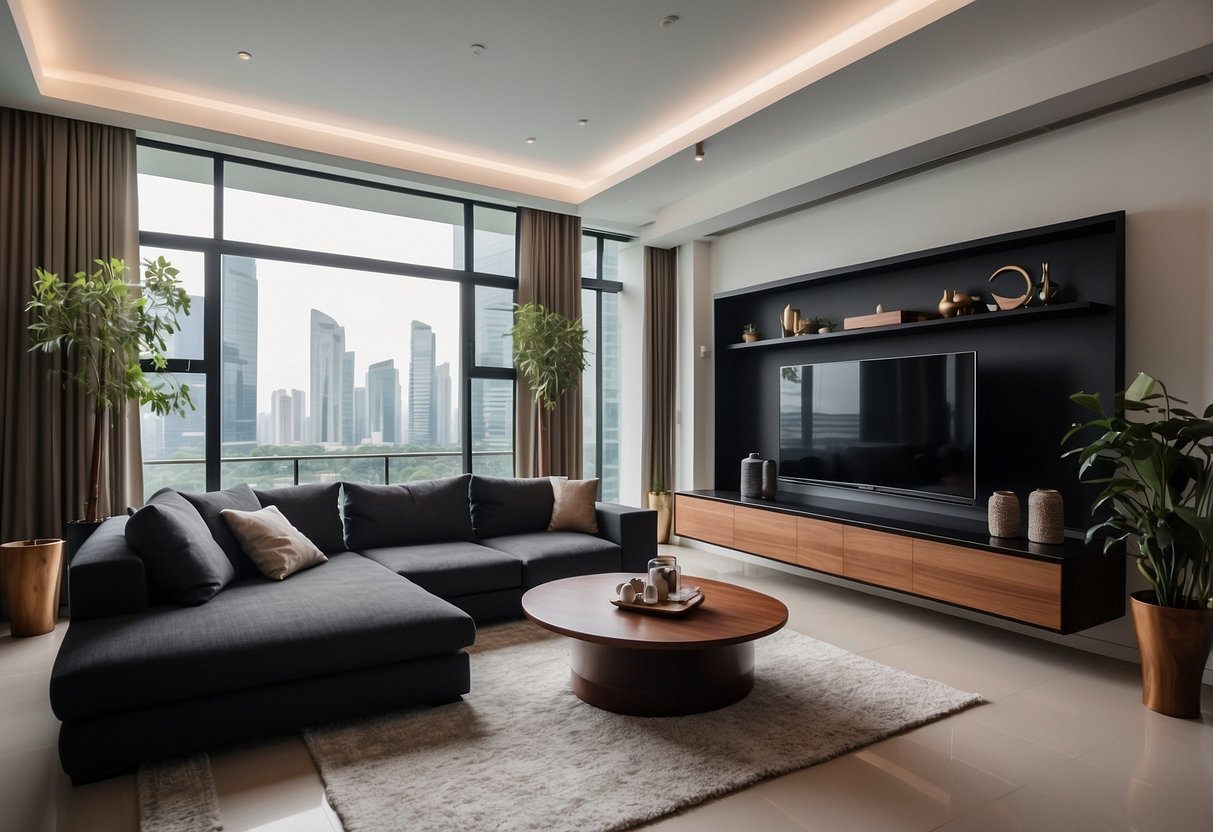 A sleek, modern living room features black and walnut furniture in Singapore. The clean lines and rich wood tones create a sophisticated and inviting space