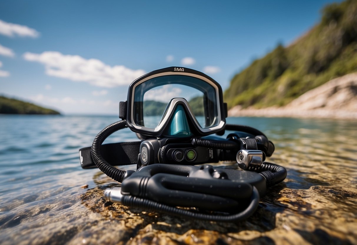 Diving gear laid out next to a pristine ocean, a calm lake, a flowing river, a natural spring, and a crystal-clear waterfall