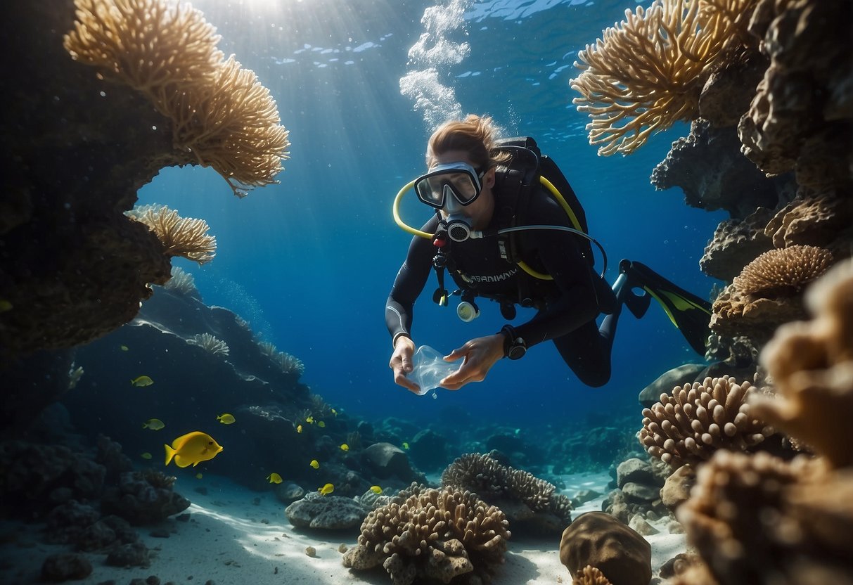 A scuba diver gently places a piece of trash into a mesh bag, while carefully avoiding touching or disturbing the delicate coral reef below