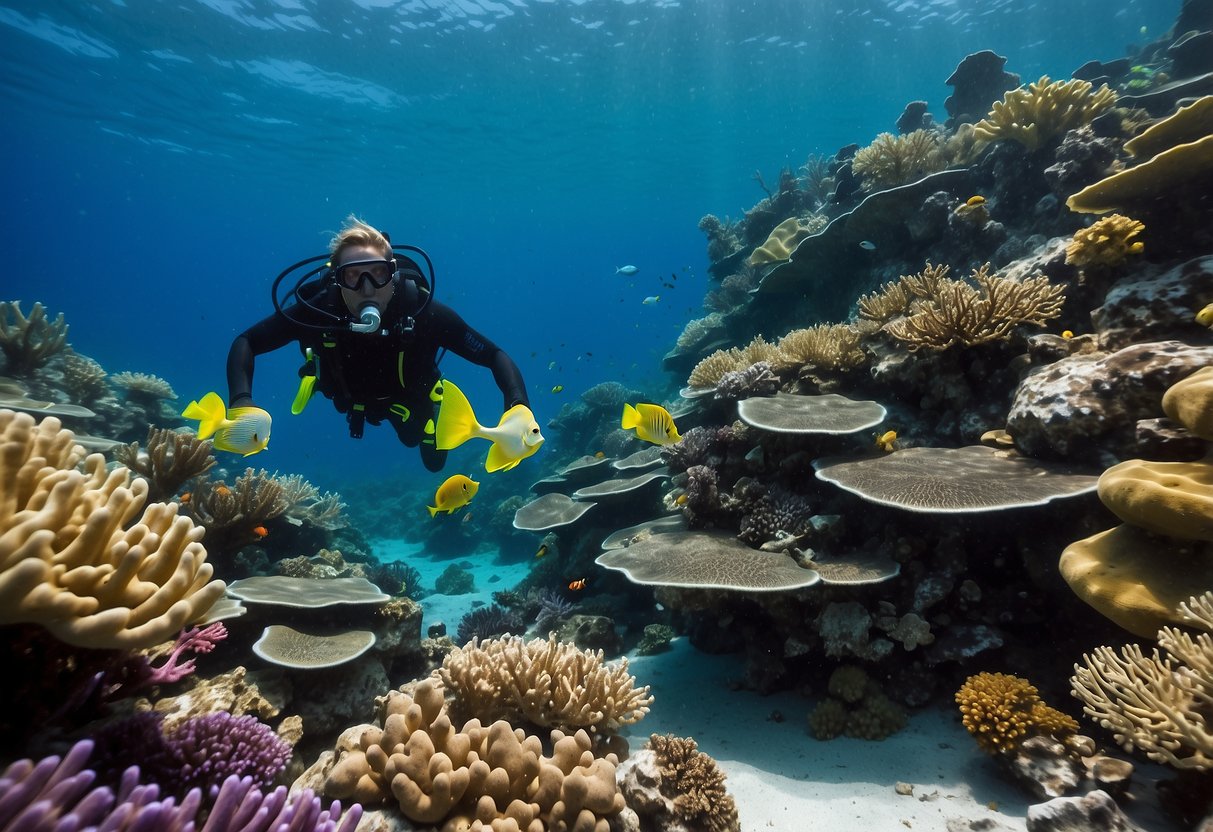 Colorful coral reefs with diverse marine life, clear blue water, and a diver swimming alongside without touching or disturbing the underwater environment